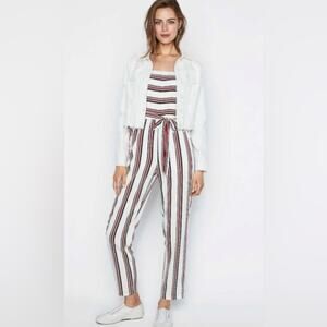 EUC EXPRESS WHITE STRIPED STRAPLESS TAPERED LEG JUMPSUIT WITH TIE SASH SZ XS